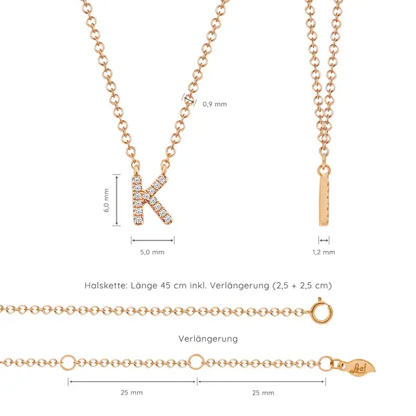Leaf Jewelry Halskette Letter "K", 14 K Rosegold mit Diamanten Schlussverkauf