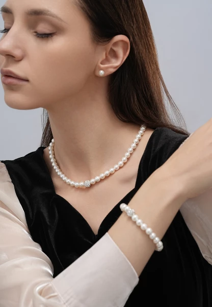 Leslii Armband Glitzer Perlen-Armband Muschelkern-Perlen Strass-Kugel dehnbar Weiß Fabrik Onlineshop