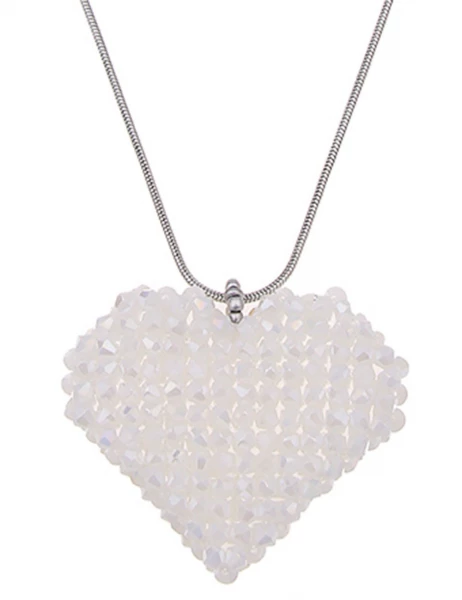 SALE! Leslii Damen-Kette Glasperlen Herz-Anhänger Heart lange Modeschmuck-Kette Silber Weiß 2025