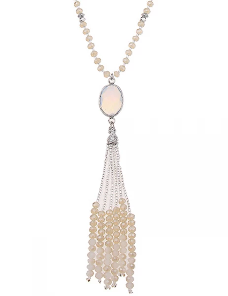 -50% SALE Leslii Lange Halskette Glasperlen-Bommel in Silber Beige Online