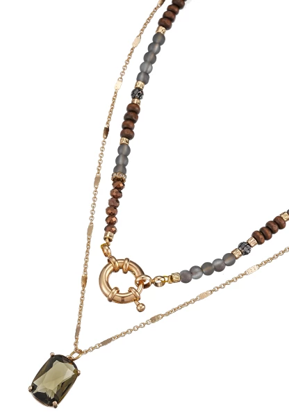 Leslii Kurze Halskette Holzperlen Layering Braun Gold Nur noch ein Tag übrig