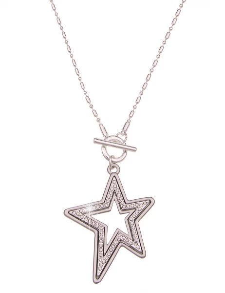 -50% SALE Leslii Damen-Kette Wende-Kette Glitzer lange Stern-Kette Strass Modeschmuck Silber Matt Günstiger Verkauf