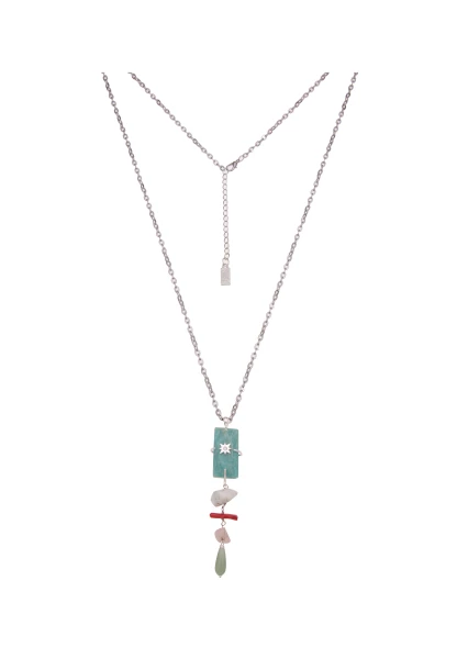 -50% SALE Leslii Damen-Kette Naturstein Perlen Stein-Schmuck lange Modeschmuck-Kette Silber Mint Begrenzt auf 3 Tage