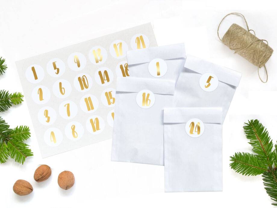 Renna Deluxe Adventskalender Gold metallic mit weißen Papiertüten Saisonschlussverkauf