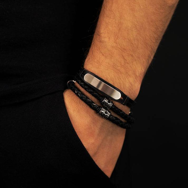 Save Brave Doppeltes Lederarmband Oscar mit Beads aus Edelstahl im Angebot