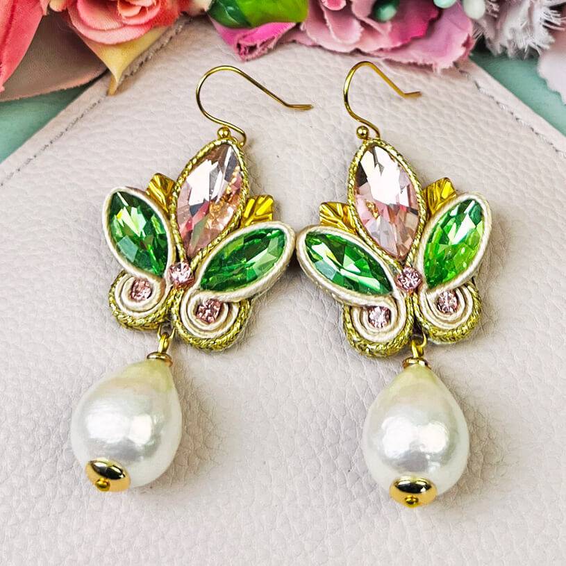 SchwesterSchwester Schöne Soutache-Ohrhänger in Rosa und Grün mit Baumwolltropfen Tägliche Deals
